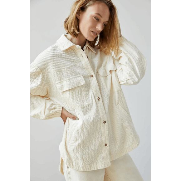 Anthropologie Jackets & Blazers - Anthropologie Maeve Corduroy Shirt Jacket Women Size S Ivory Oversized High Low